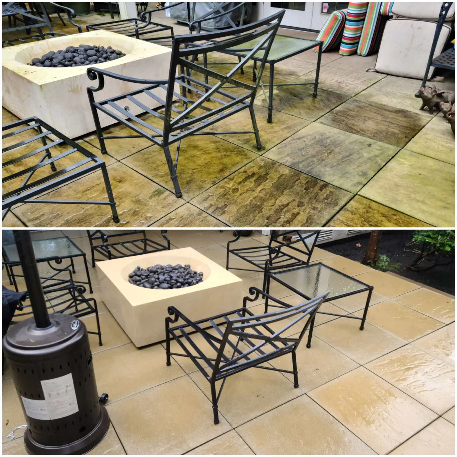 Concrete driveway before and after professional cleaning by Homefront Power Wash