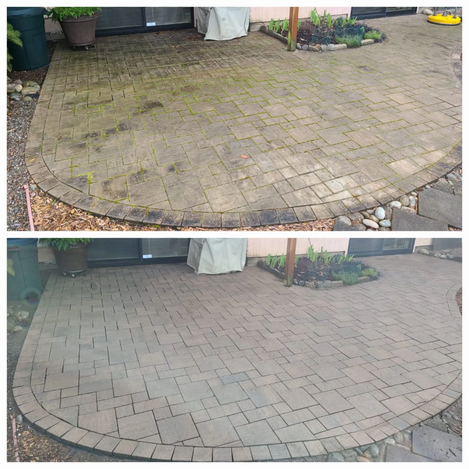 Stone patio before and after professional cleaning