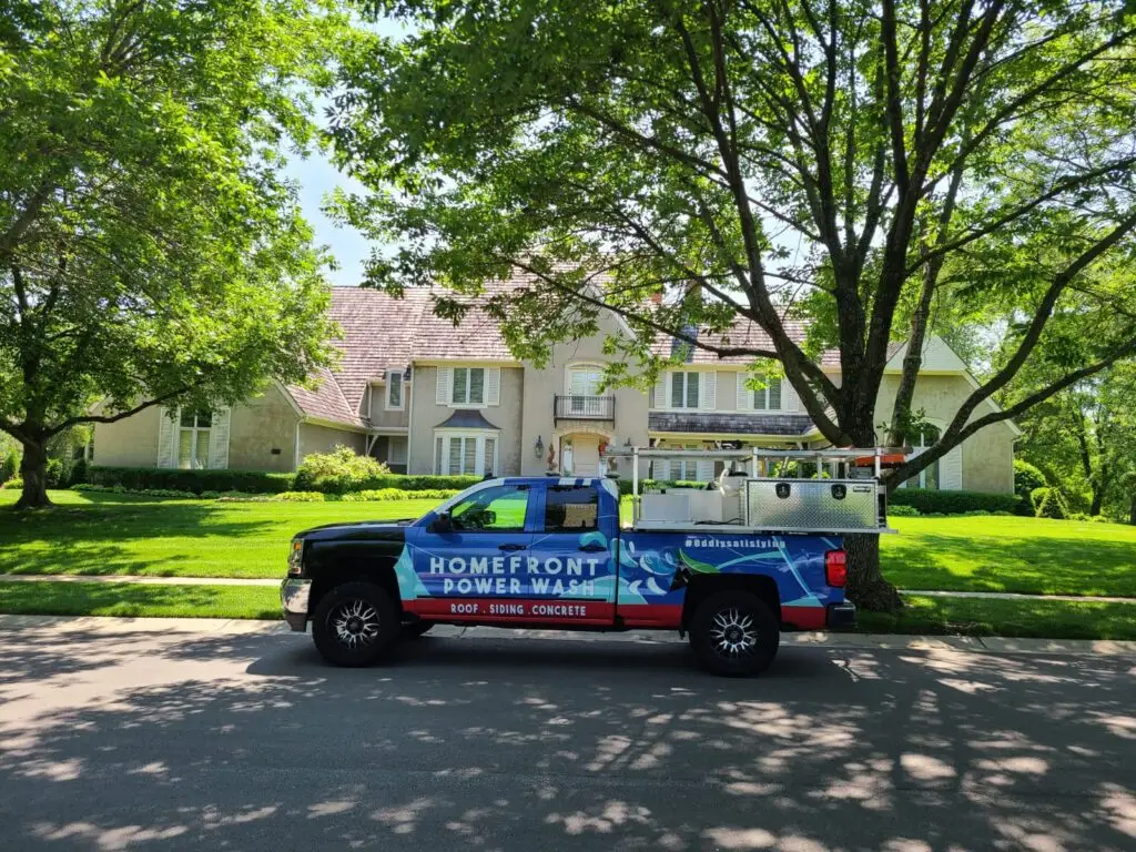 Homefront Power Wash Truck in front of a beautiful home in Bellevue, WA