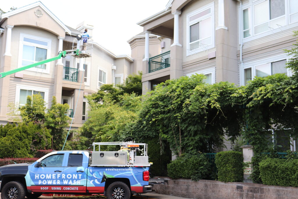 Homefront Power Wash soft washing & pressure washing a Bellevue apartment complex