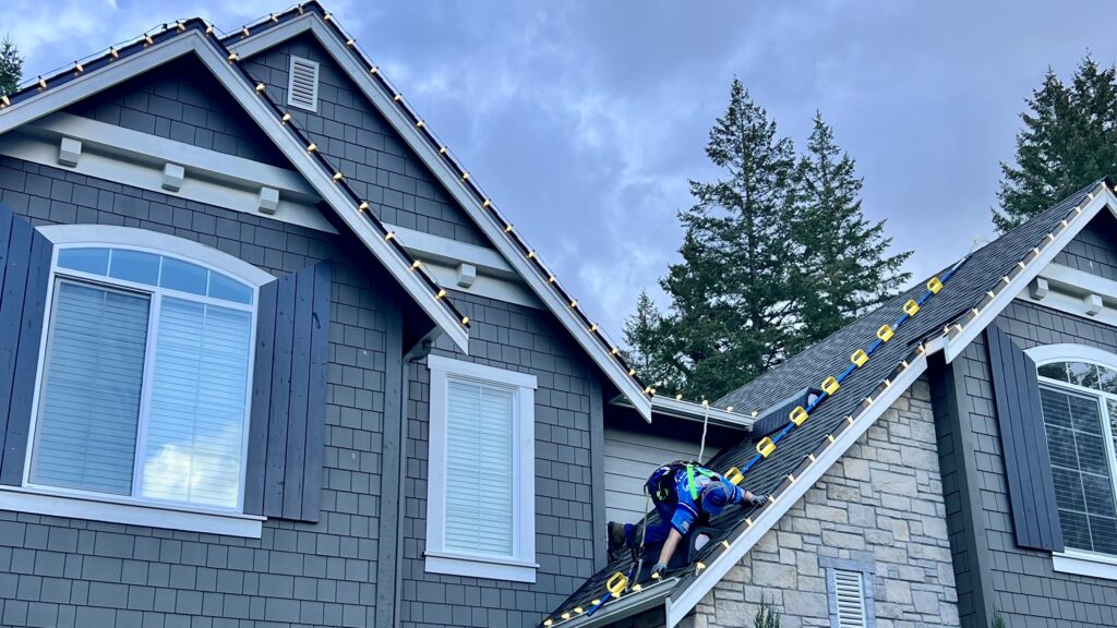 Homefront Holiday Lights safely installing lights for a beautiful home in the Seattle/Eastside area