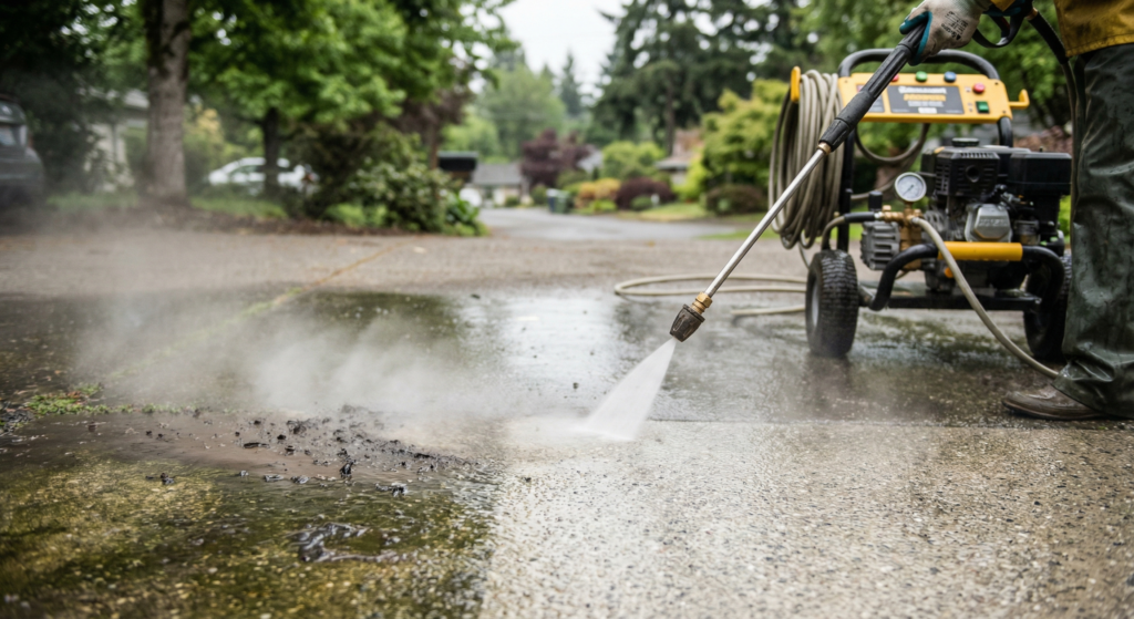 A homeowner pressure washing a driveway clean in the Pacific Northwest