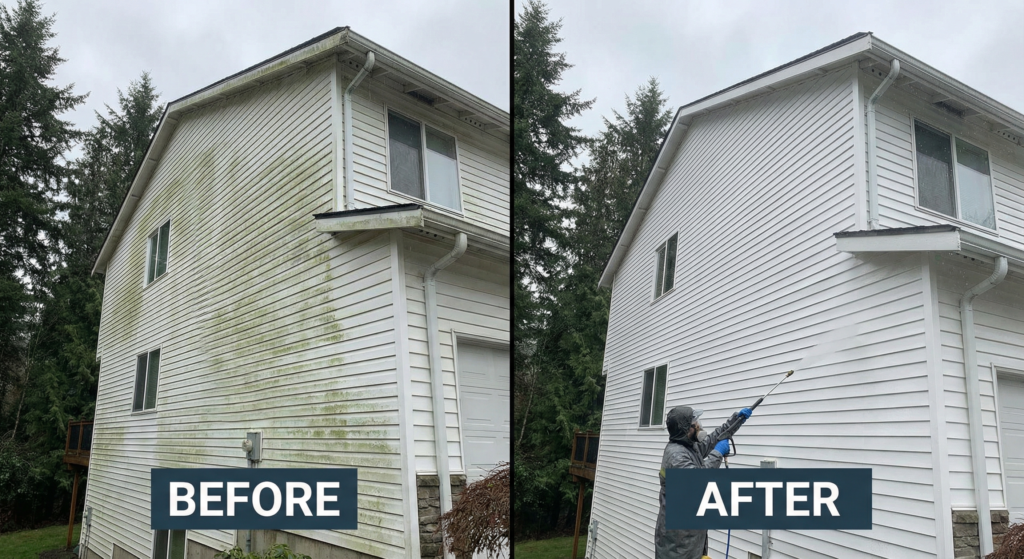 Before and after of Homefront Power Wash soft washing siding