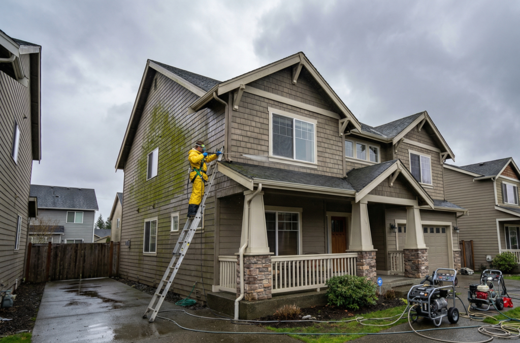 Professional power washing company cleaning the exterior of a home in Bothell, WA